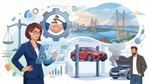 Современная иллюстрация автомобиля и юридических документов для статьи о спорах с автодилерами во Владивостоке